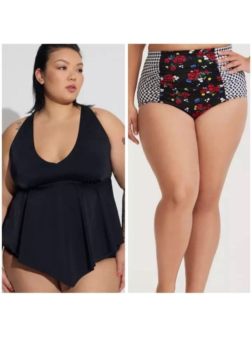 Torrid Wireless V-Neck Tankini And Floral Gingham High Waist Swim Bottom Bikini